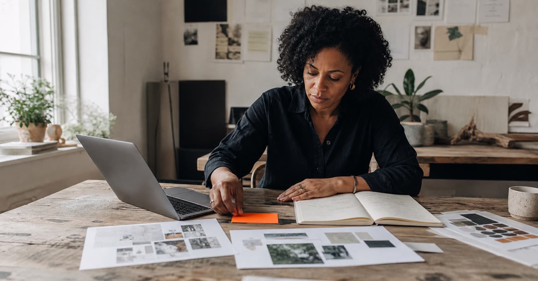 An agency owner at a studio table, comparing printed research against notes before deciding what to work on next.